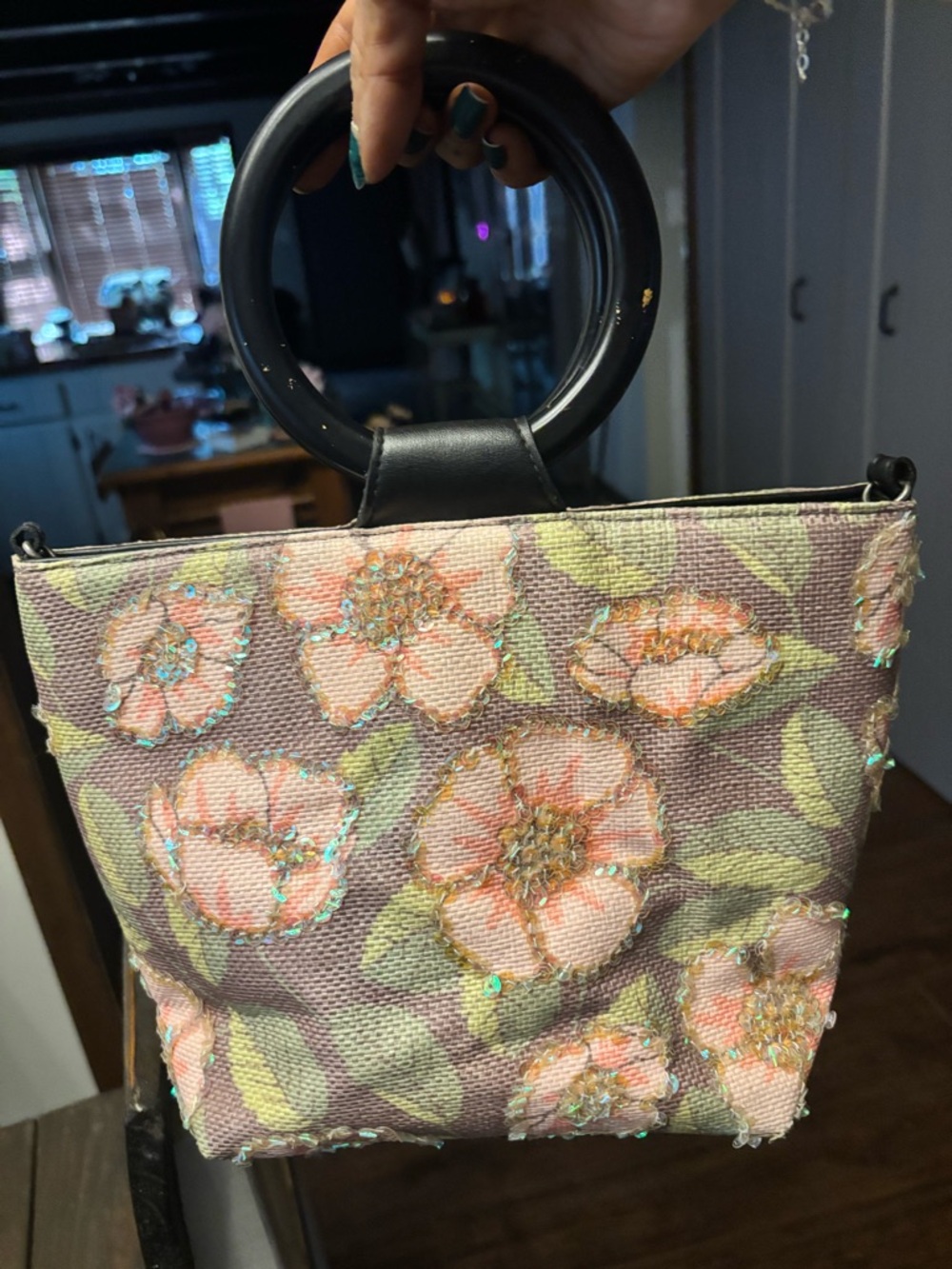Floral Embroidered Top-Handle Women's Bag in Pink and Green